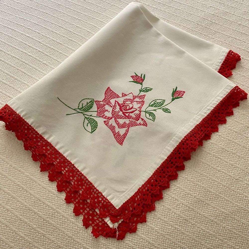 Vintage Handmade Tablecloth. Red, White Crocheted Flowers. 30" by 30"
